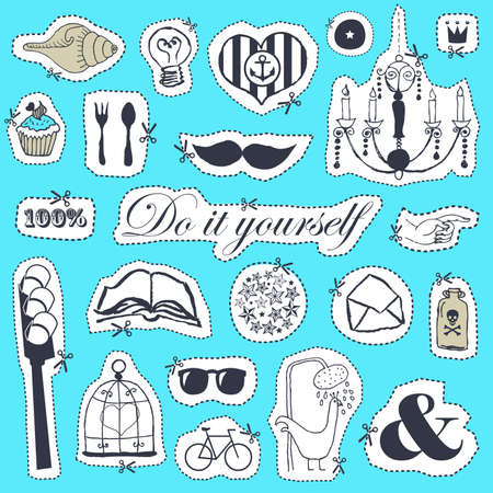 set of hand drawn objects in vintage style のイラスト素材