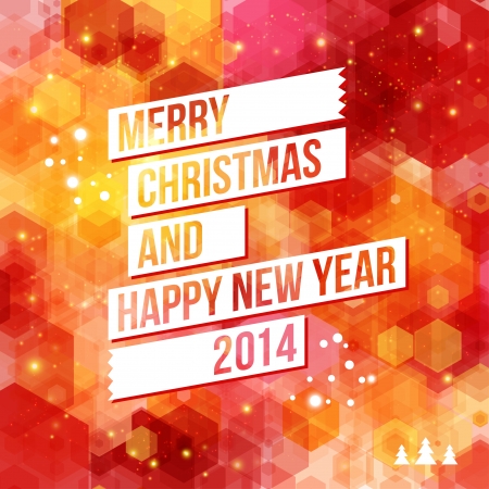 Merry Christmas and Happy New Year 2014 card  White ribbon, red background  Vector image  のイラスト素材