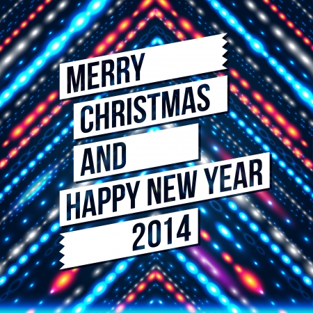 Merry Christmas and Happy New Year 2014 card  White ribbon, blue shiny background  Vector image  のイラスト素材