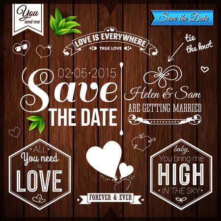 Save the date for personal holiday. Wedding set on wooden background. のイラスト素材