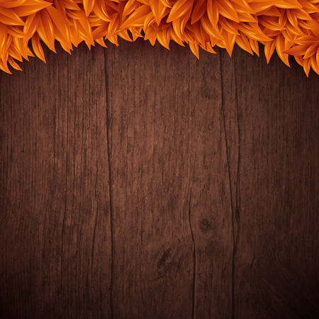 Natural background with wooden board and autumn leaves. Vector illustration. のイラスト素材