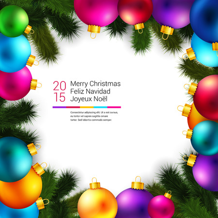 Bright and colorful winter holidays background. Frame made of Christmas balls and realistic fir tree branches. Vector illustration.のイラスト素材
