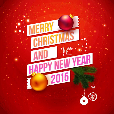 Red traditional Christmas card 2015. Typography design, realistic Christmas balls and fir tree branches. Hand drawn elements. Vector illustration.のイラスト素材