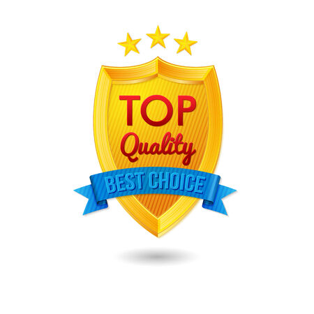 Bright label for your business offers. Realistic shield, ribbon and stars. Vector illustration.のイラスト素材