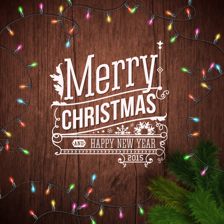 Christmas card with typography design. Wooden background, realistic garland and Christmas tree. Vector illustration.のイラスト素材