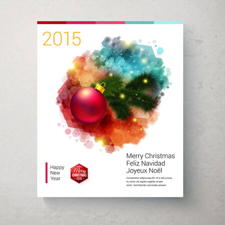 Bright Christmas card with realistic decoration and geometrical element. Vector illustration.のイラスト素材