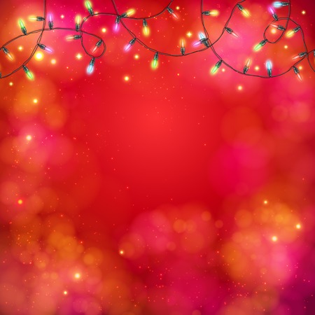 Vibrant red abstract party background with a garland of multicolored lights in a twirled pattern at the top with copyspace for your text below, vector illustration on square formatのイラスト素材