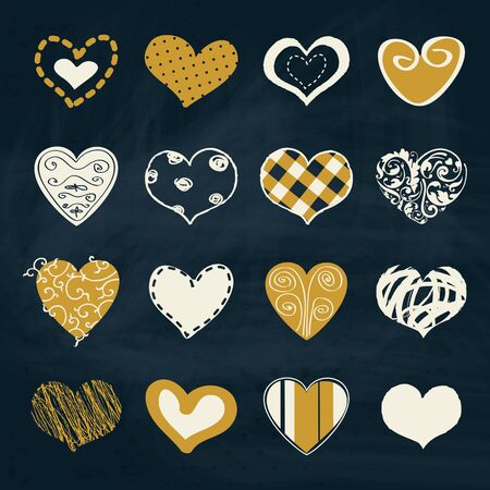 Artistic collection of vector hearts in assorted designs with doodles, intricate calligraphic design, patterns and freehand in white and gold on a blue background symbolic of love and Valentines Dayのイラスト素材