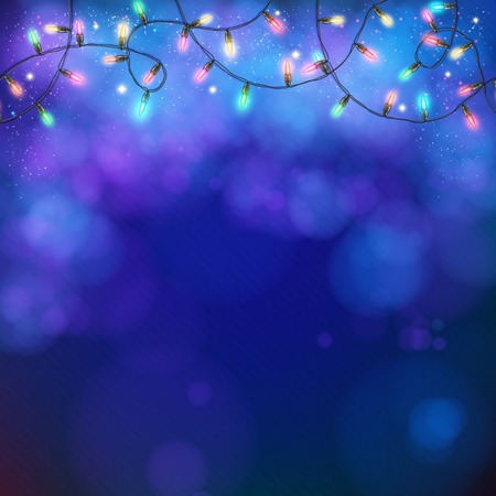 Blue party background with a twirling garland of glowing colorful party lights and bokeh in square format for your greeting card or advertising, vector designのイラスト素材