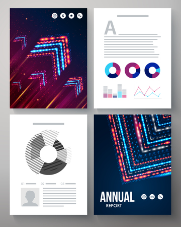 Dynamic vector template for an annual report with a cover pattern of arrows formed from multicolored flashing lights , editable text space and circular and bar graphs for analysis of statisticsのイラスト素材