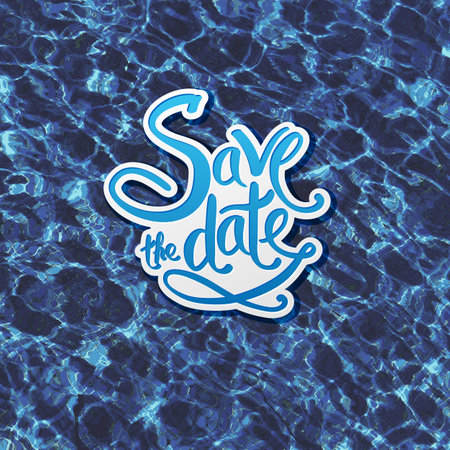 Elegant simple Save The Date card with flowing white handwritten text over blue water with sparkling reflections of sunlight in square format, vector illustrationのイラスト素材