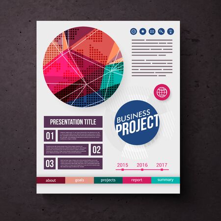 Business Project template vector design with a colorful geometric circular motif, time line, and editable text layoutのイラスト素材