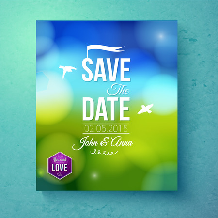 Save The Date wedding invitation template for Spring Wedding with spiritual white doves flying over a green field with blue sky and sparkling bokeh of sunlight, vector illustrationのイラスト素材