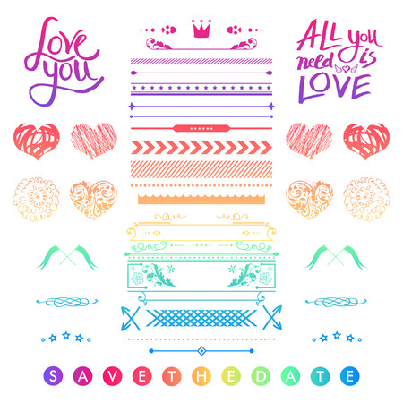 Set of colorful romantic elements for a wedding invitation with doodle sketches and calligraphic design hearts, frames, borders and text letters - Save The Date - with inspirational messages of loveのイラスト素材