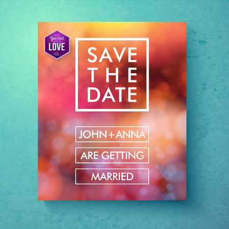 Bold simple Save The Date template design with white text in frames and boxes over an abstract red toned background with bokeh and a purple hexagon with the word - Love, vector illustrationのイラスト素材
