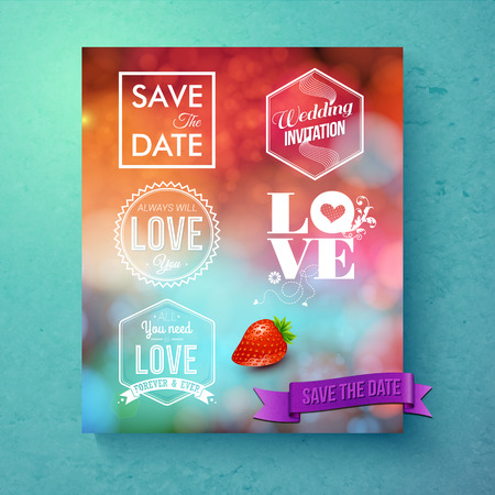 Set of decorative wedding frames and messages in different shapes - round, square and hexagonal - with white text for love or Save The Date on an abstract soft colorful background over graduated blueのイラスト素材