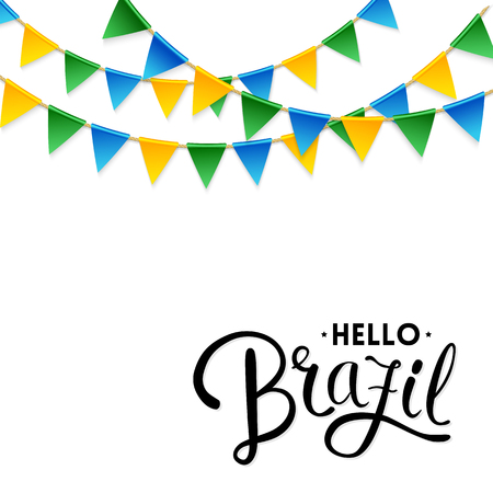 Isolated Hello Brazil text underneath three strings of blue, green and yellow triangular flag decorationsのイラスト素材