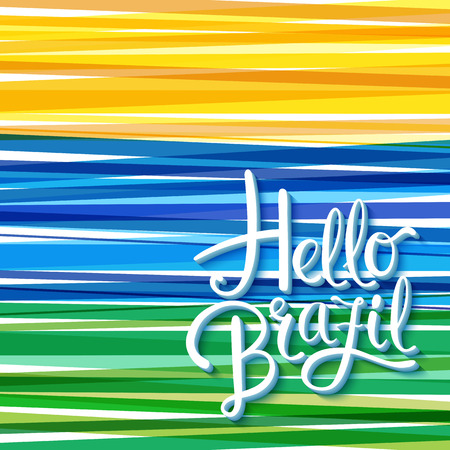 Vibrant Hello Brazil card or poster design template with bands of stripes in yellow, blue and green and handwritten white text with copy space, vector illustrationのイラスト素材