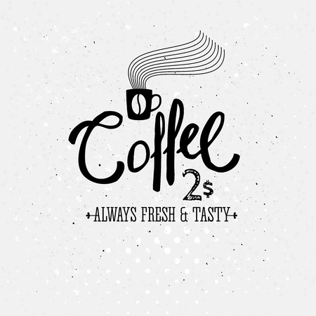 Stylish black and white Coffee logo advertising steaming hot coffee for sale at $2 on a textured background with points or dots pattern, vector illustrationのイラスト素材