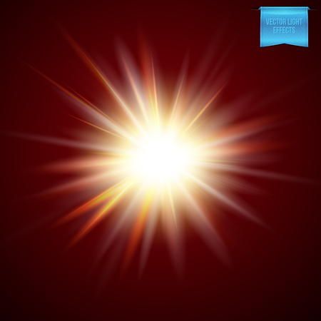 Bright fiery starburst light effect with a red glowing aura and radiating rays on a dark background, vector illustrationのイラスト素材