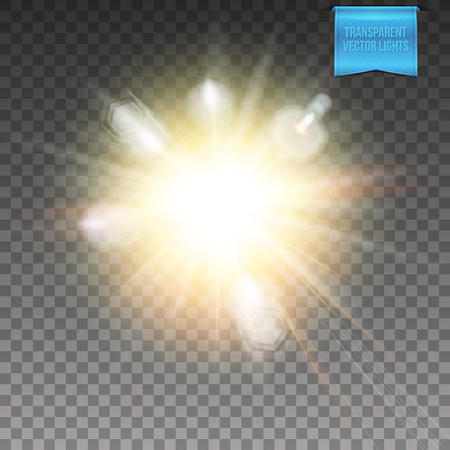 Realistic transparent vector explosive light effect with a fiery center, radiating rays and flare effectのイラスト素材