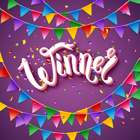 Winner announcement stationery stationery with red, blue, yellow and green triangular flags hanging on purple background
のイラスト素材