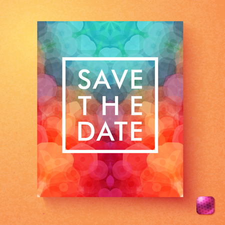 Bright dynamic vector Save The date wedding invitation with central text in a square white frame over an abstract overlay hexagon pattern on red, pink and blue on a textured orange backgroundのイラスト素材