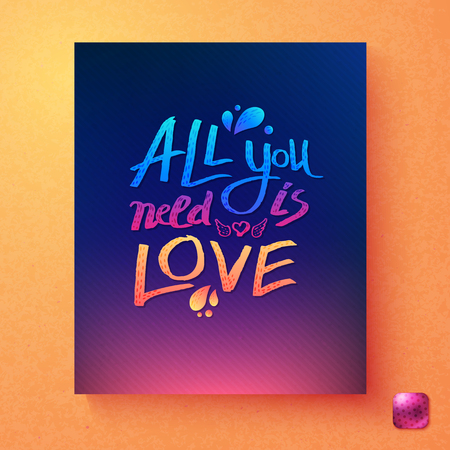 Sentimental colorful All You Need Is Love card design with a winged heart on a graduated purple background over textured abstract orange, vector illustrationのイラスト素材