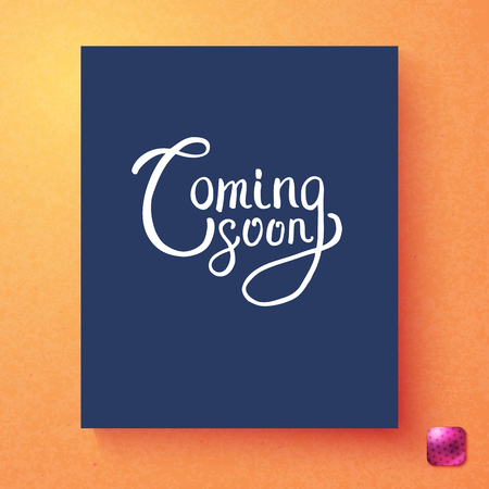 Rectangular blue and white coming soon announcement card template over orange background and purple square buttonのイラスト素材