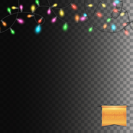 Full frame square transparent background with red, green, blue, pink and yellow holiday electrical lights on top of it. With label for your text.のイラスト素材