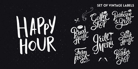 Vector illustration. Set of white typographic hand drawn vintage text labels for Your shop or cafeteria design concept. Textured black background patterned with dots.のイラスト素材