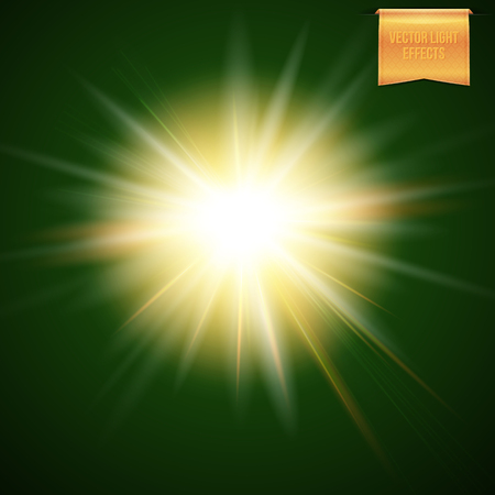 Abstract vector illustration of glowing warm yellow sun, star burst on dark background. With light effects of flare and radiant light beams.のイラスト素材