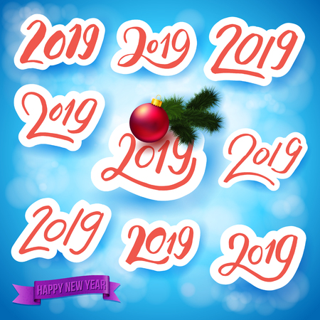 Set of red and white typographic 2019 stickers on blurred shiny blue background with bokeh light effects. Decorated with Happy New Year ribbon, red Christmas ball and green branch. Vector illustrationのイラスト素材