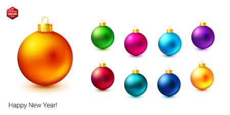 Set of shiny and bright colored Christmas balls on white background. Realistic objects.  Additional Happy New Year text  and red hexagonal Merry Christmas 2019 label. Vector illustration.のイラスト素材