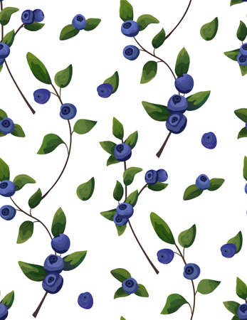 Vector natural Seamless pattern of blueberry branch, forest fruit with green leaves greenery, watercolor style background. Rustic chic style. Decorative, food botany plant, herb botanical illustrationのイラスト素材