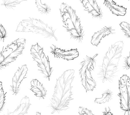 Feather bird seamless pattern. Monochrome black linear pen ink gray texture in boho style for strict interior wallpaper, textile t shirt design paper. Beautiful light tender hand drawn cute love print
のイラスト素材