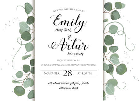 Wedding floral hand drawn invite invitation card design: Eucalyptus silver dollar branch greenery natural leaves watercolor style, rustic, elegant delicate green anniversary copy space beauty templateのイラスト素材