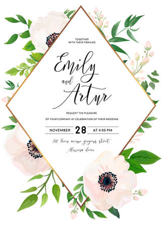 Wedding invite, invitation, save the date card design: white pink Anemone poppy flower, green leaves, eucalyptus greenery foliage forest bouquet and golden frame.のイラスト素材