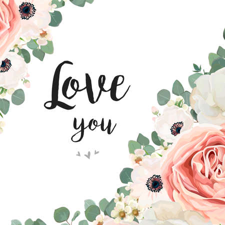 Vector floral design card. White Rose flower pink Anemone, creamy wax eucalyptus branch, leaf greenery mix.のイラスト素材