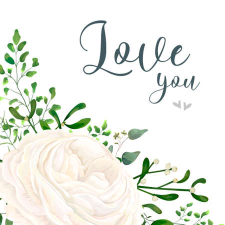 Floral bouquet design garden white creamy  Eucalyptus branch, green fern mistletoe leaves.のイラスト素材