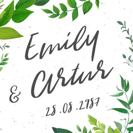 Wedding invite, invitation, save the date card Design with watercolor hand drawn art green color leaves, greenery, foliage forest bouquet, frame. Vector rustic elegant postcard illustration templateのイラスト素材