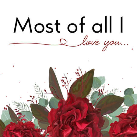 Floral card design. Garden red burgundy bohemian Rose flower, seeded antique Eucalyptus branch, silver green fern leaves bouquet. Watercolor cute wedding invite, elegant greeting card postcard.のイラスト素材