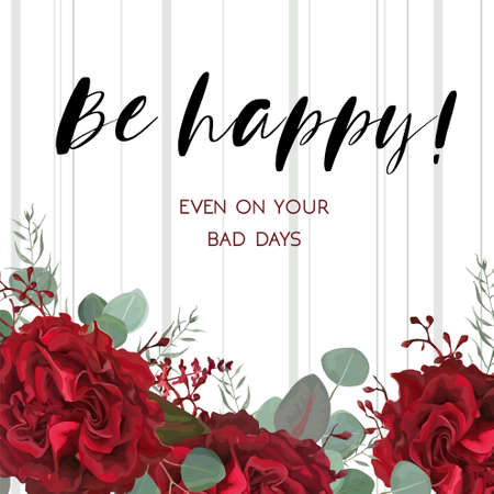 Floral greeting card design with vector watercolor floral bouquet decorative frame with garden tender red burgundy Rose flowers, seeded Eucalyptus branchのイラスト素材