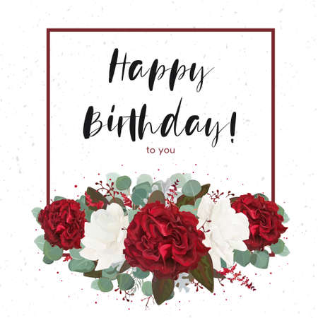 Floral Happy birthday greeting gift card design with vector watercolor floral bouquet decorative frame with garden red.のイラスト素材