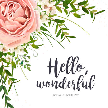 Vector card floral design: purple pink garden rose flower, green watercolor eucalyptus greenery leaves, plants, herbs bouquet frame. Elegant, romantic greeting, invitation, postcard. Text space layoutのイラスト素材