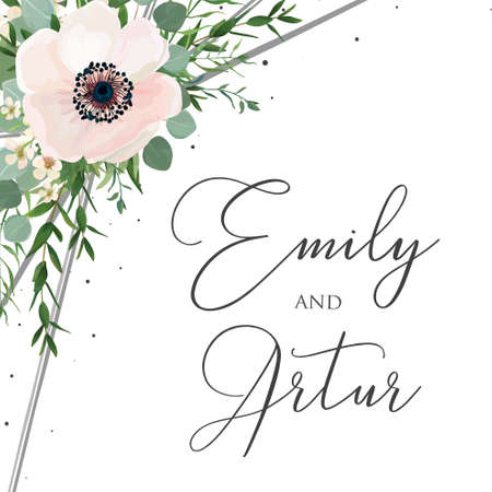 Wedding floral watercolor style invite, invitation, save the date card design with white anemones poppies, forest green eucalyptus branchesのイラスト素材