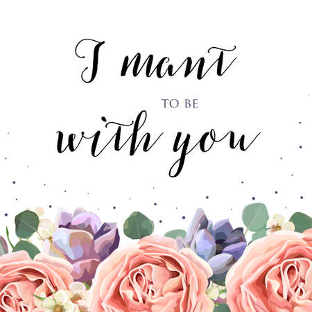 Lovely Valentines day greeting, invite, postcard, poster layout with vector floral design with watercolor lavender, garden pink rose flowers, violet, purple succulents, eucalyptus branches and leaves.のイラスト素材