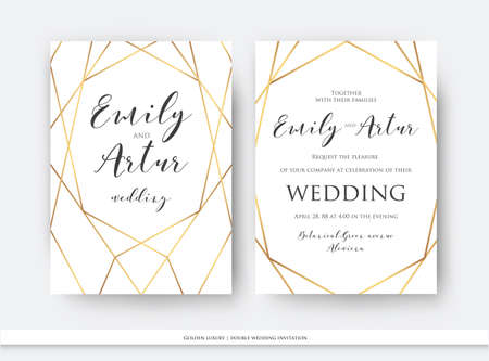 Wedding double invite, invitation save the date card elegant design with luxury vector golden foil geometrical, linear decorative frame, border. Beautiful abstract art concept. Trendy, modern templateのイラスト素材