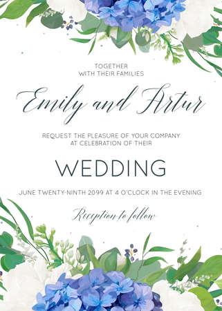 Wedding floral invite, invitation, card design with elegant bouquet of blue hydrangea flowers, white garden roses, green eucalyptus, lilac branches, greenery herbs, leaves, berries. Modern cute layout