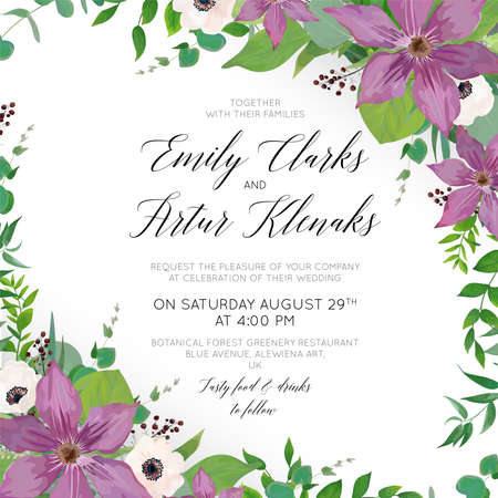 Wedding floral invite, save the date card design with elegant purple violet clematis flowers, white anemones, eucalyptus green branches greenery vine ruscus leaves & berries. Beautiful cute templateのイラスト素材